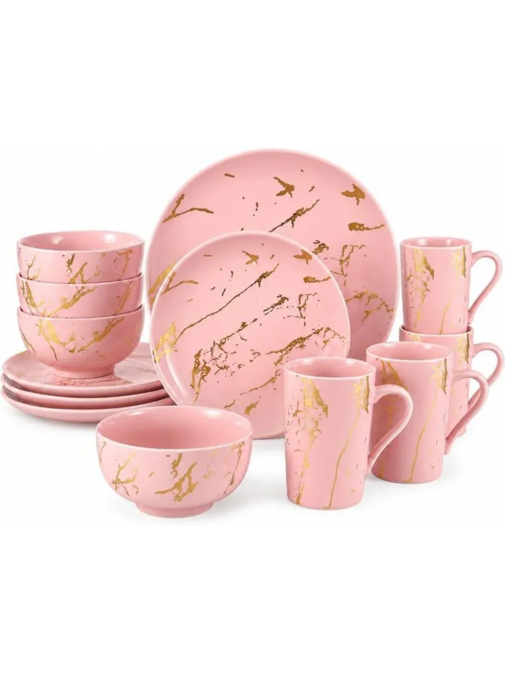 Elegant Pink Dinnerware Set for 4 | 16-Piece Porcelain with Gold Marble Accents